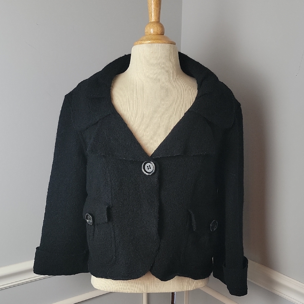 DM NEW YORK 100% Wool Black Single‎ Snap Closure Cropped Swing Classic Jacket M
